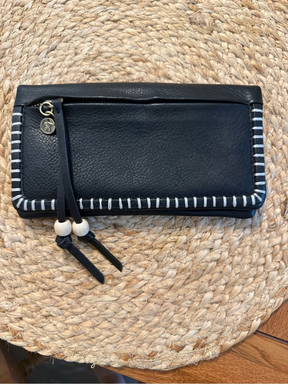 HOBO Black Leather Clutch with White Stitch Trim